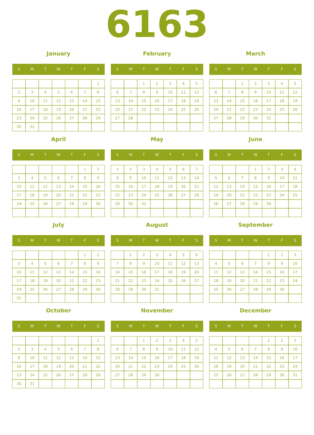 Printable 6163 Year Calendars chartreuse