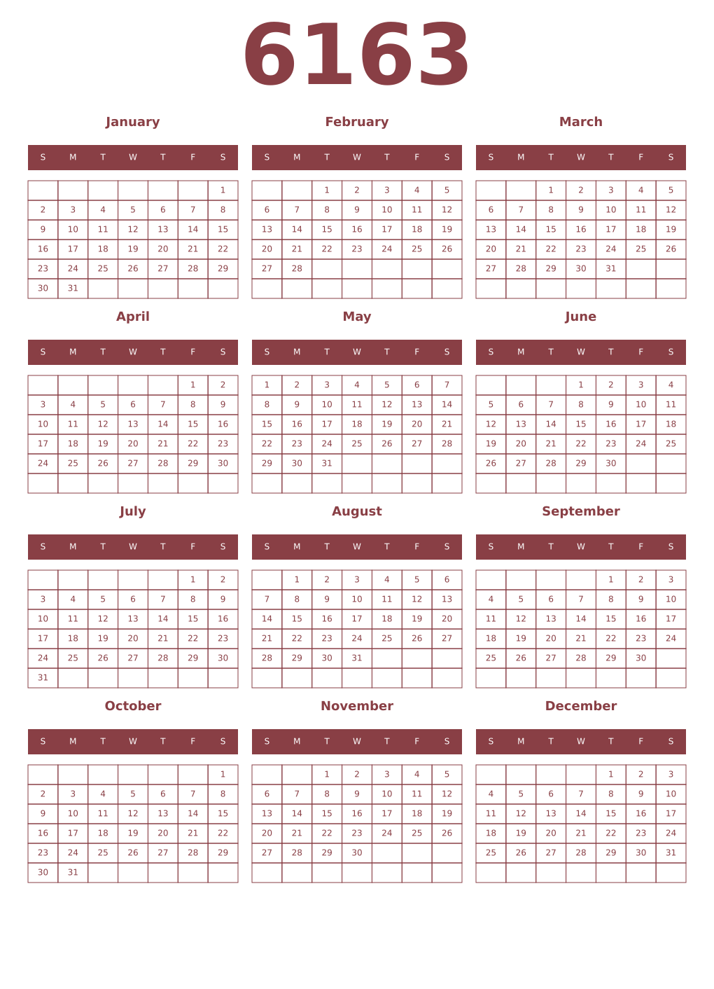 Printable 6163 Year Calendars cordovan