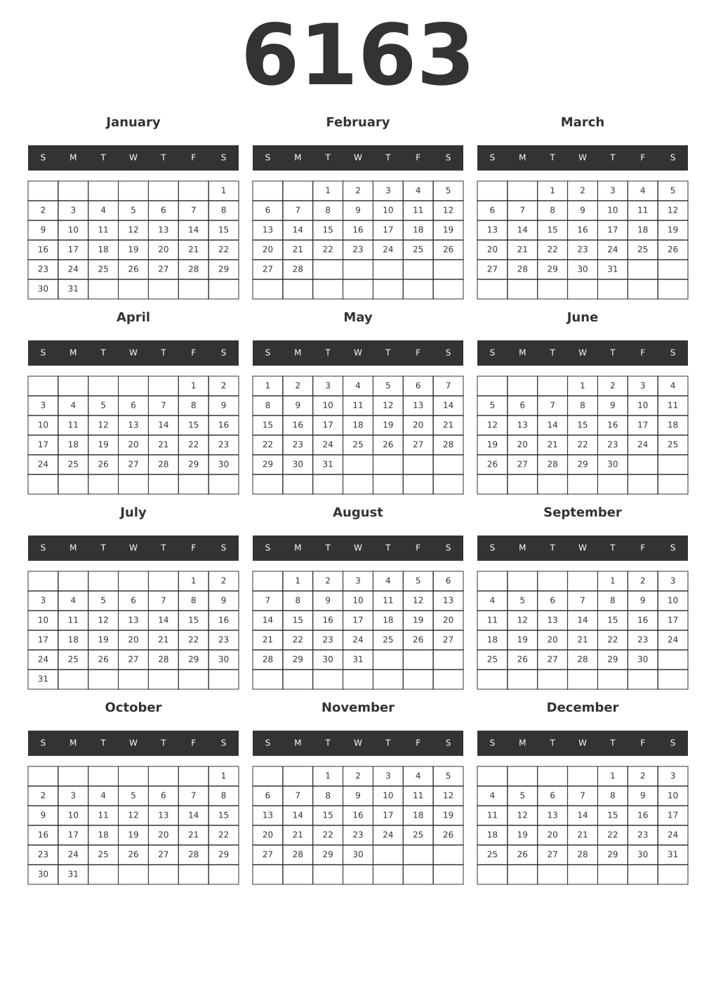 Printable 6163 Year Calendars dark
