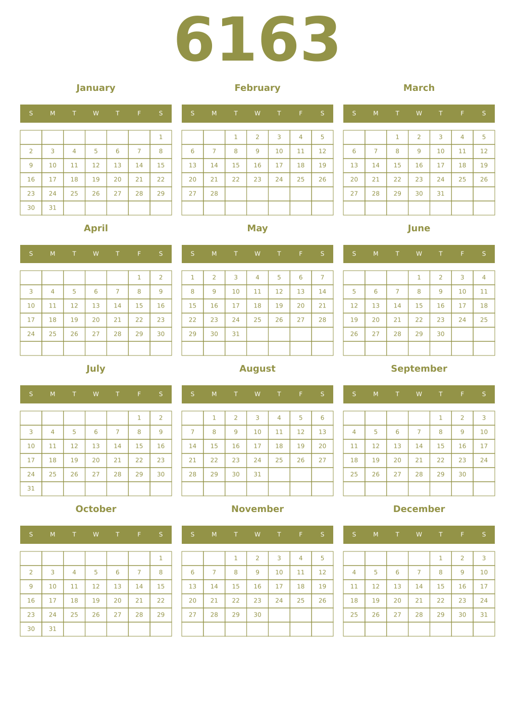 Printable 6163 Year Calendars eburnean