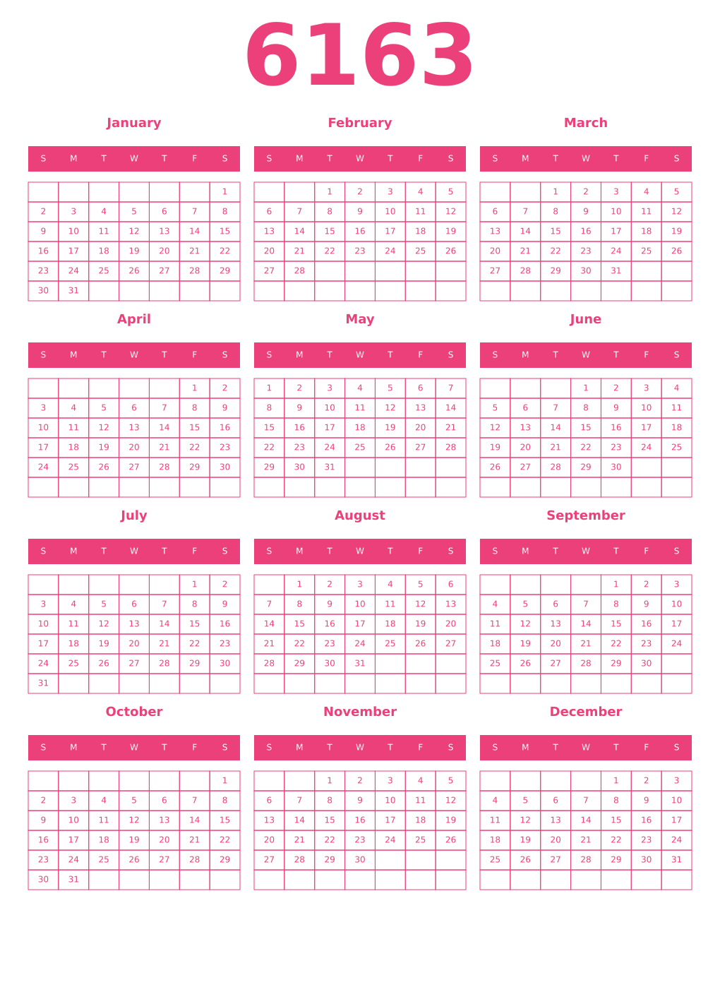 Printable 6163 Year Calendars pink