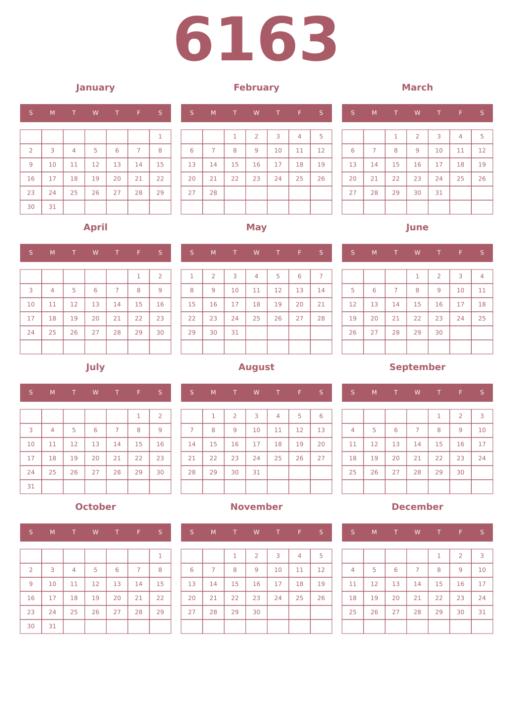 Printable 6163 Year Calendars puce
