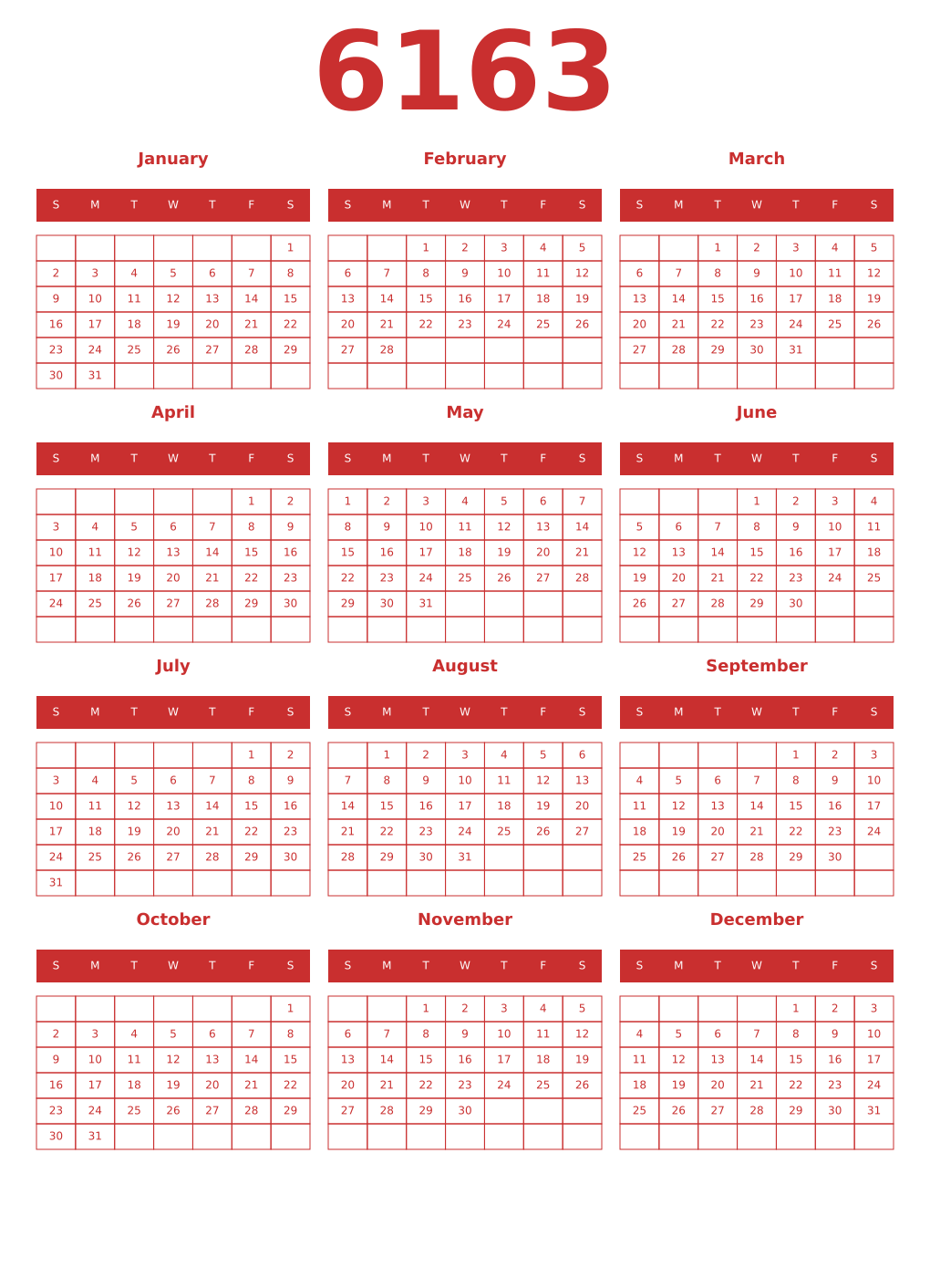 Printable 6163 Year Calendars red