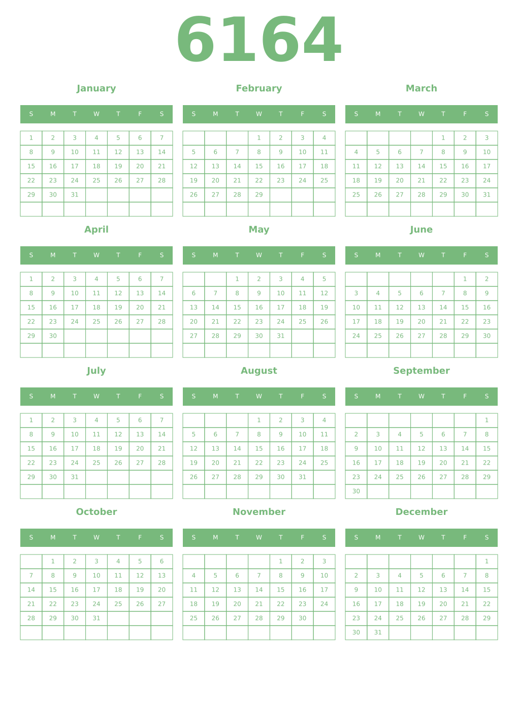 Printable 6164 Year Calendars celadon
