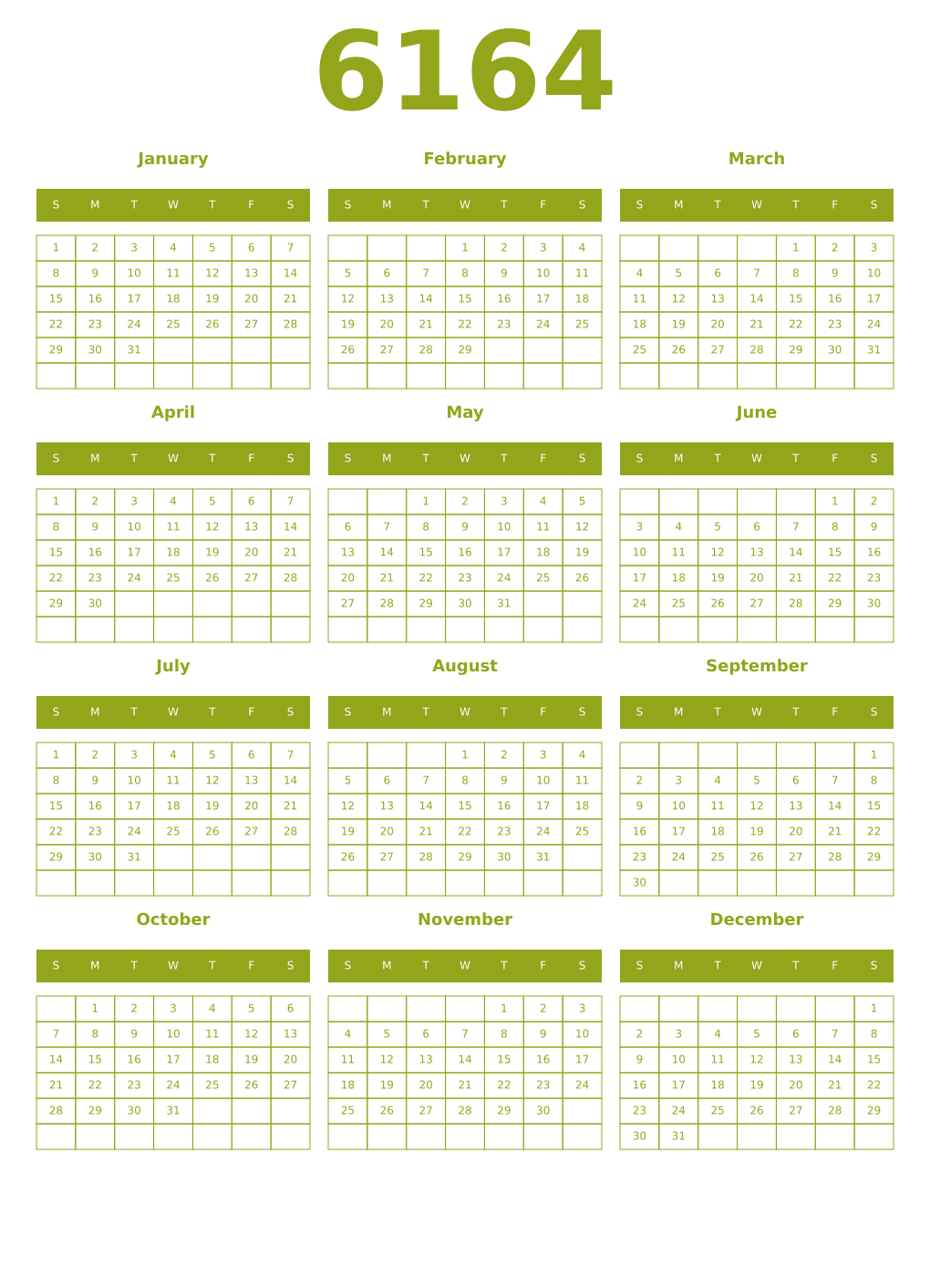 Printable 6164 Year Calendars chartreuse