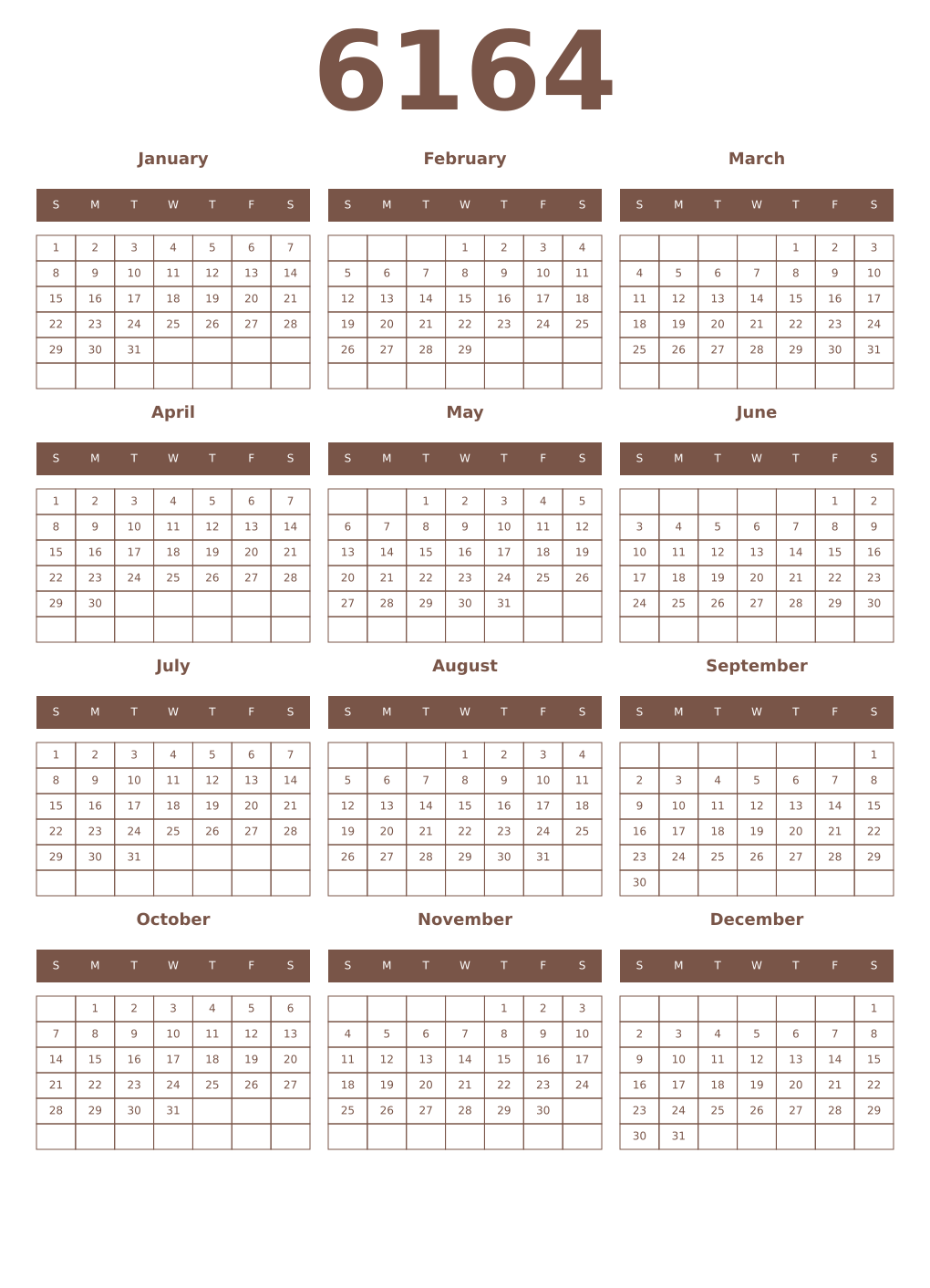 Printable 6164 Year Calendars coffe