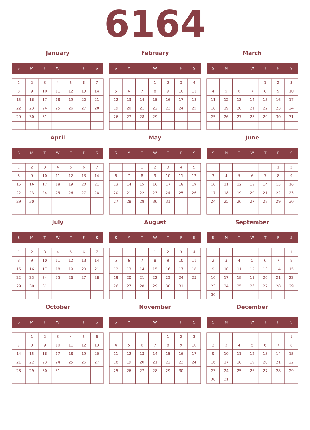 Printable 6164 Year Calendars cordovan