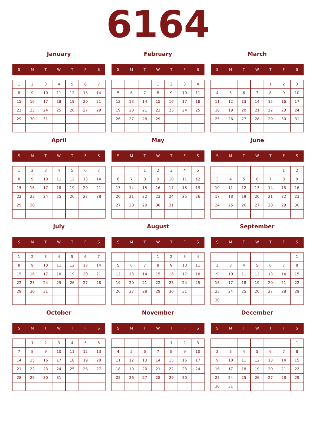 Printable 6164 Year Calendars falu