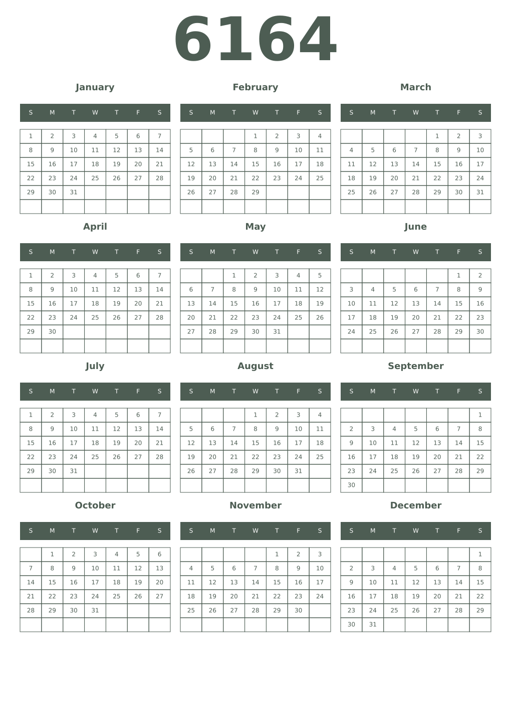 Printable 6164 Year Calendars feldgrau