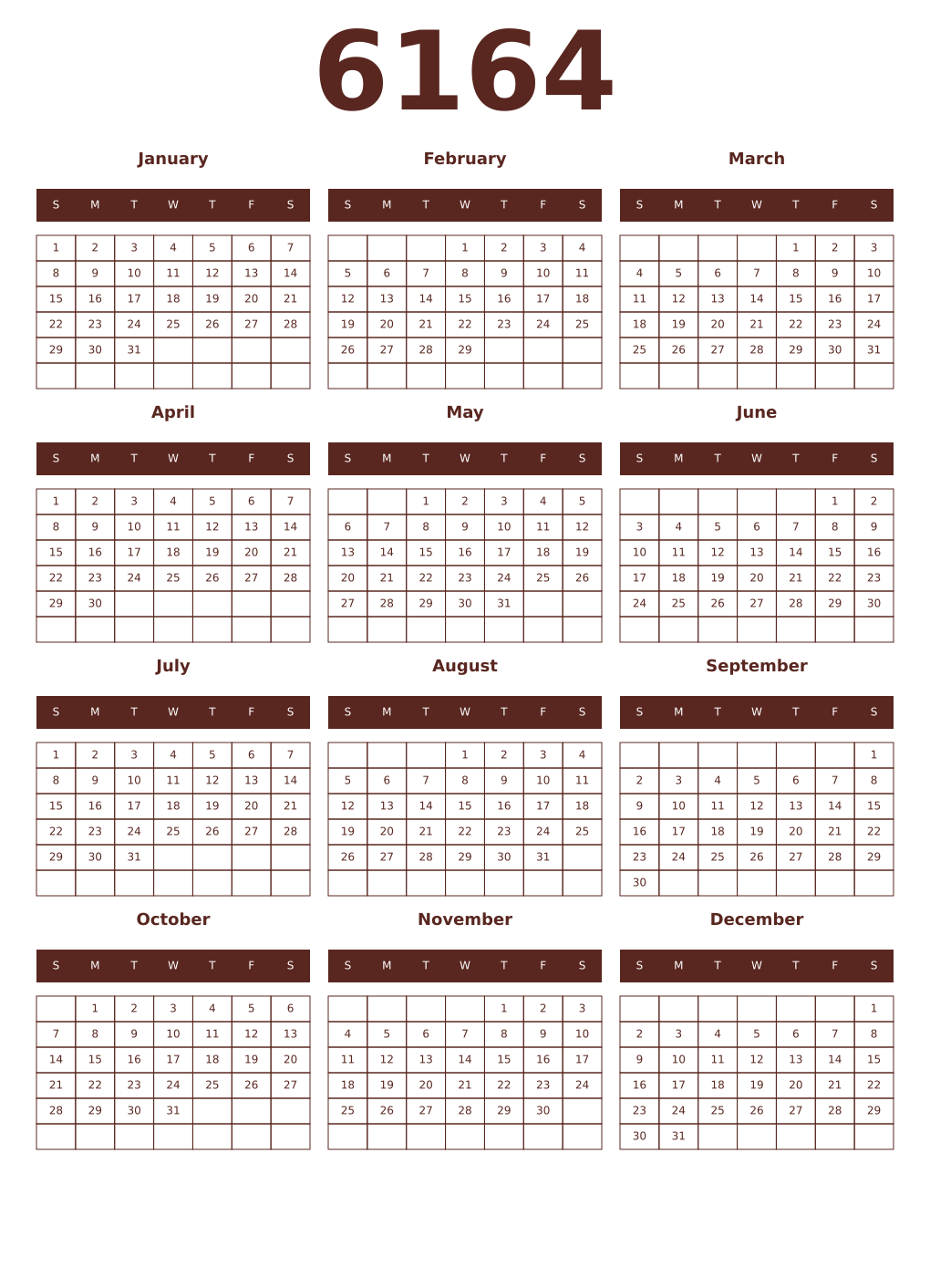Printable 6164 Year Calendars mortuum