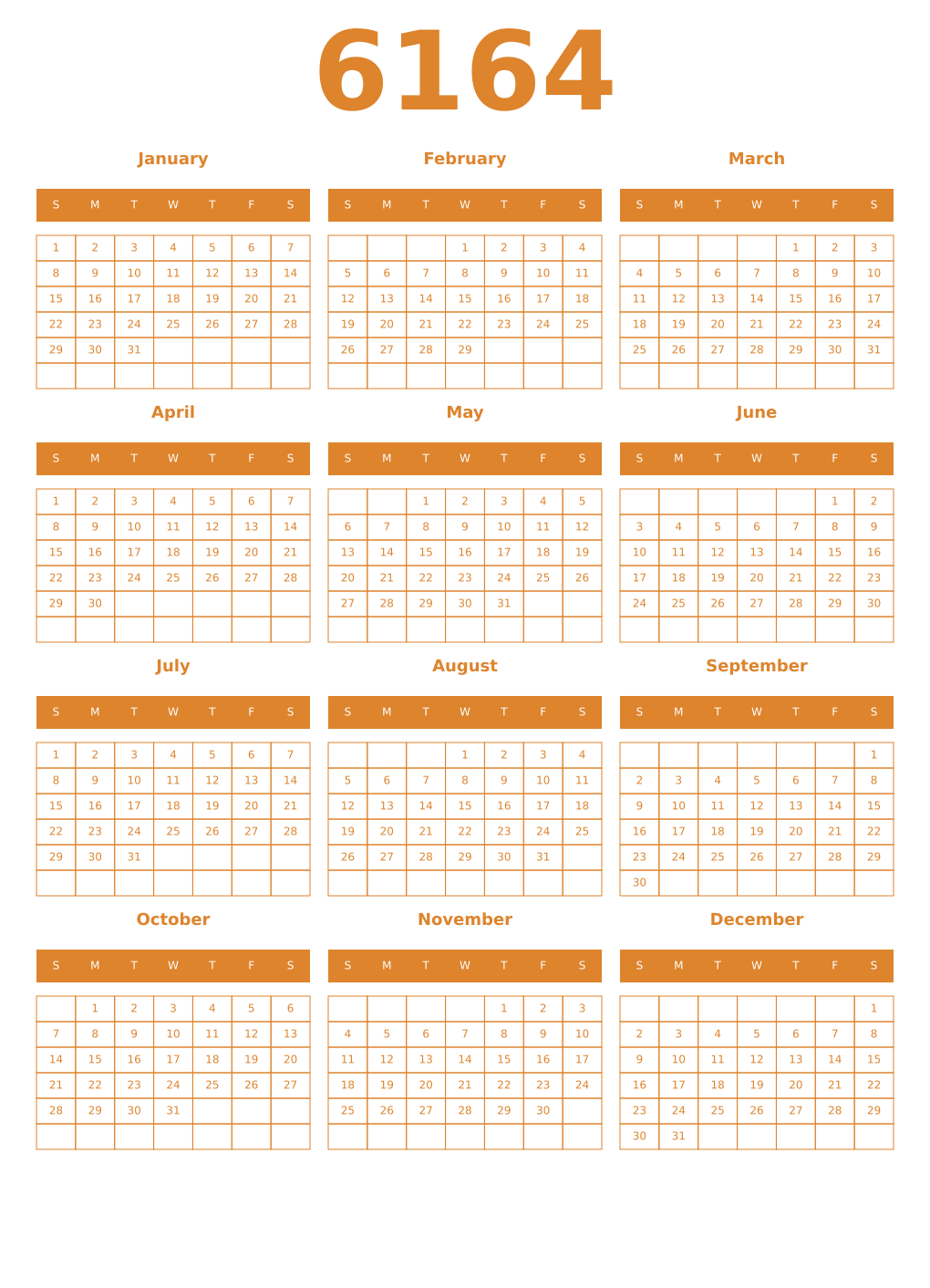 Printable 6164 Year Calendars orange