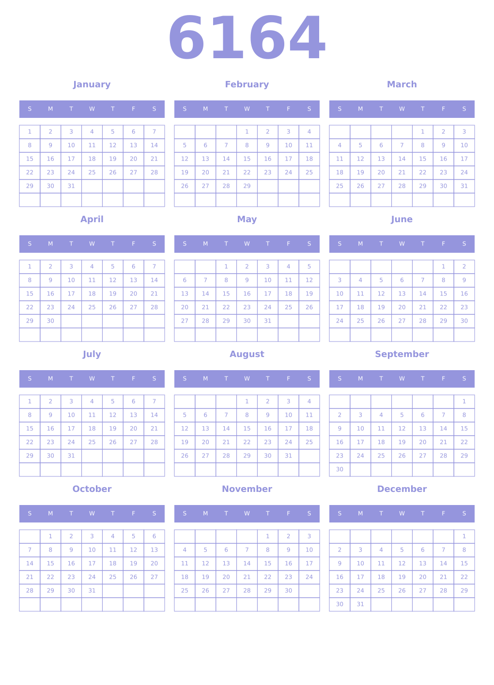 Printable 6164 Year Calendars periwinkle