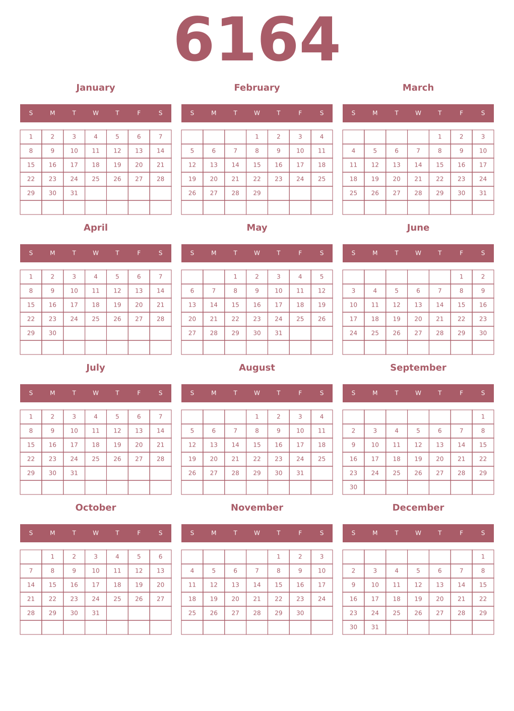 Printable 6164 Year Calendars puce