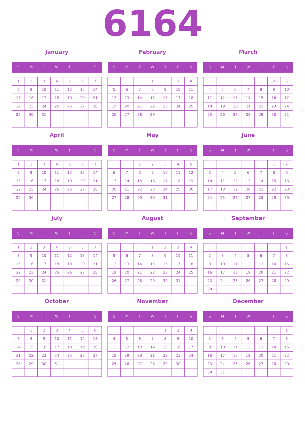 Printable 6164 Year Calendars purple