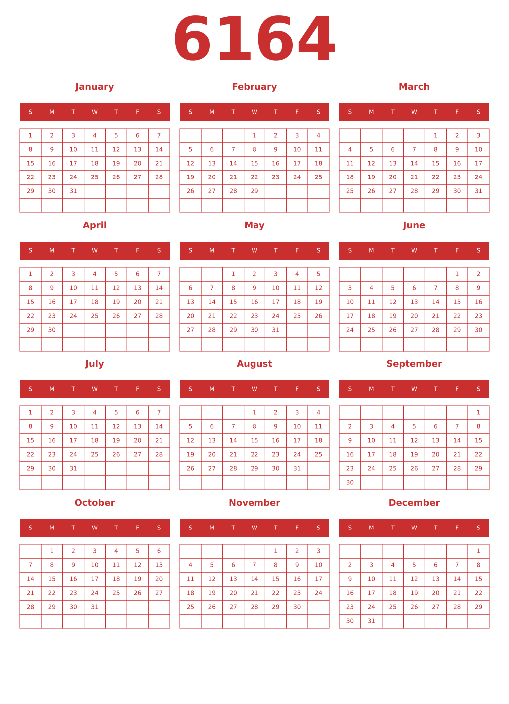 Printable 6164 Year Calendars red