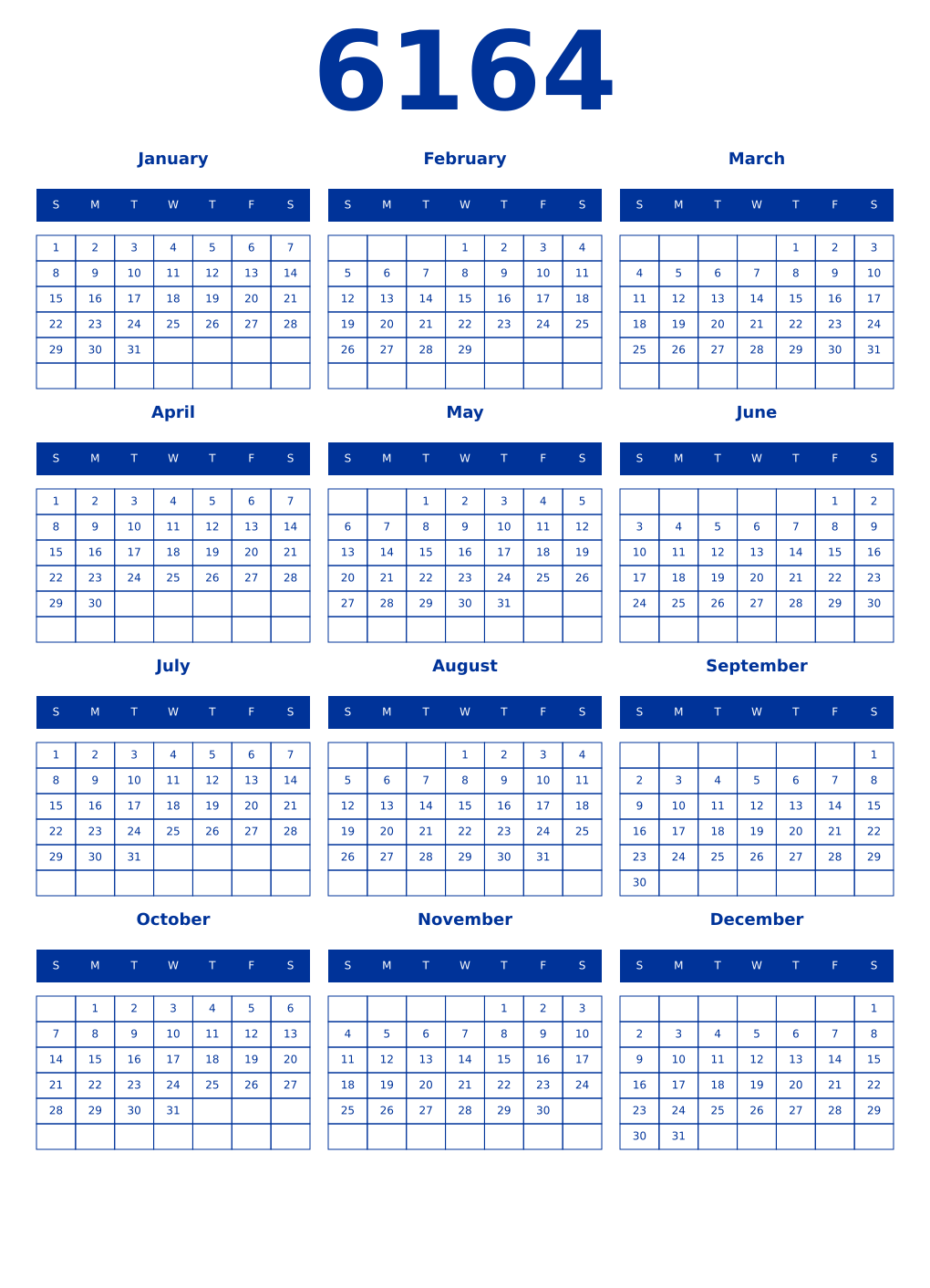 Printable 6164 Year Calendars smalt