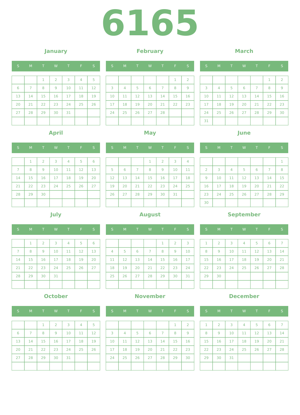 Printable 6165 Year Calendars celadon