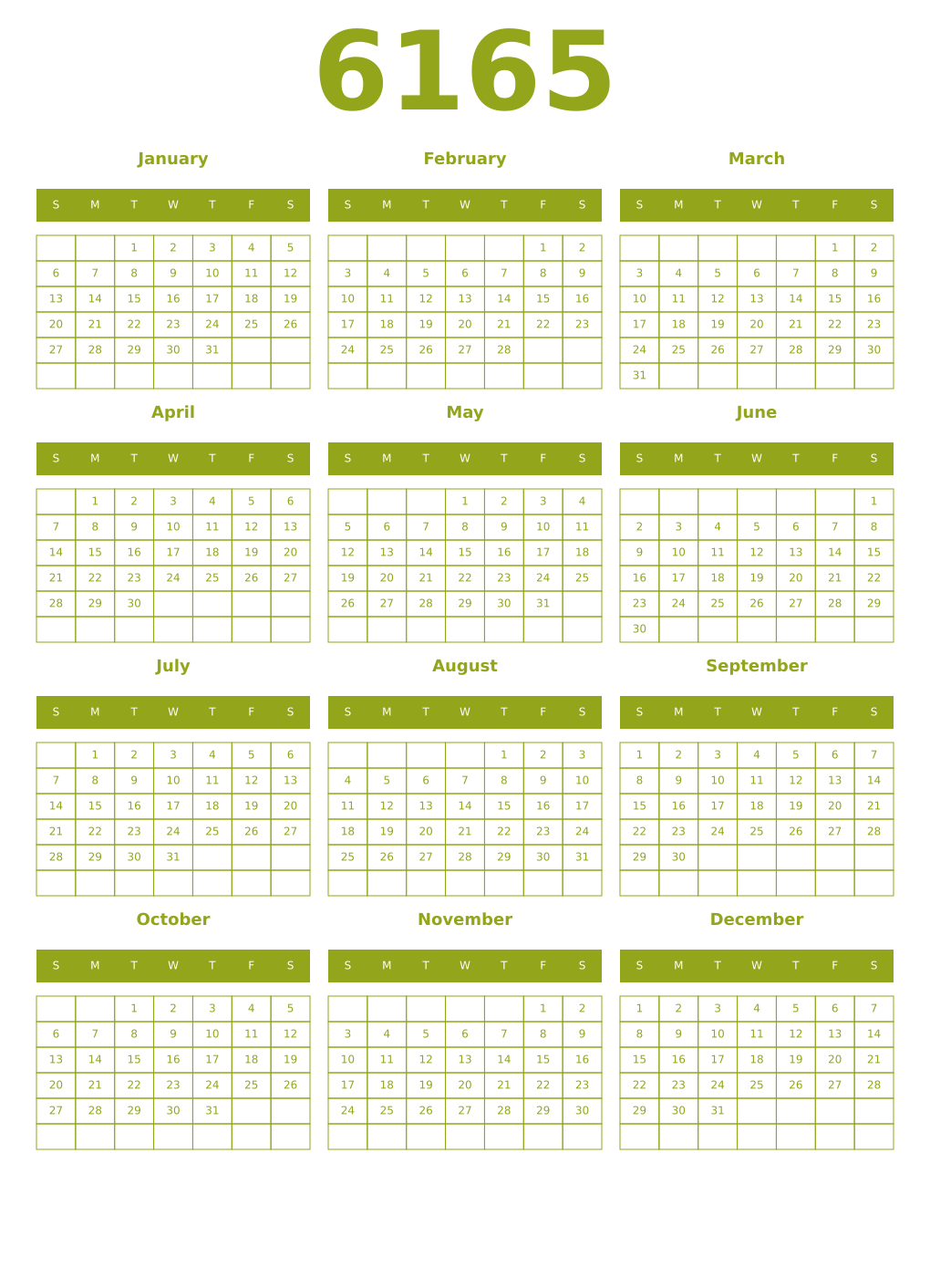 Printable 6165 Year Calendars chartreuse