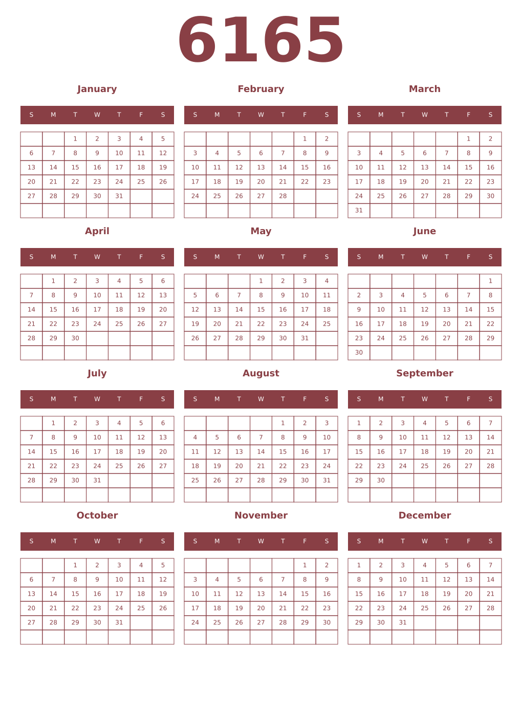 Printable 6165 Year Calendars cordovan