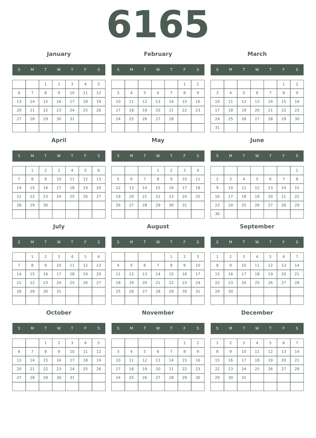 Printable 6165 Year Calendars feldgrau