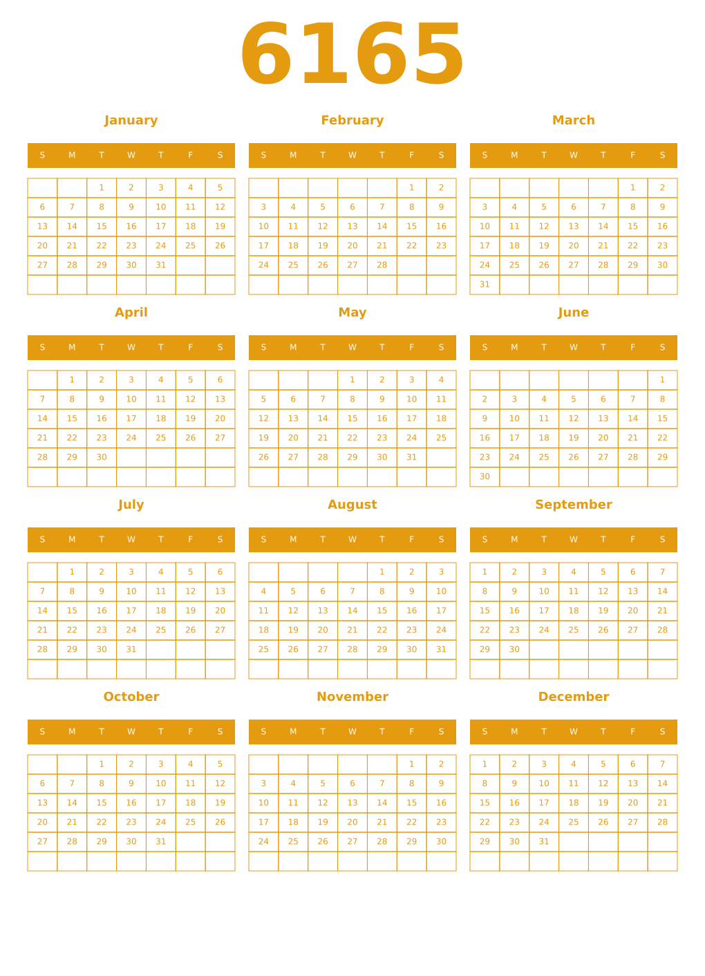 Printable 6165 Year Calendars gamboge
