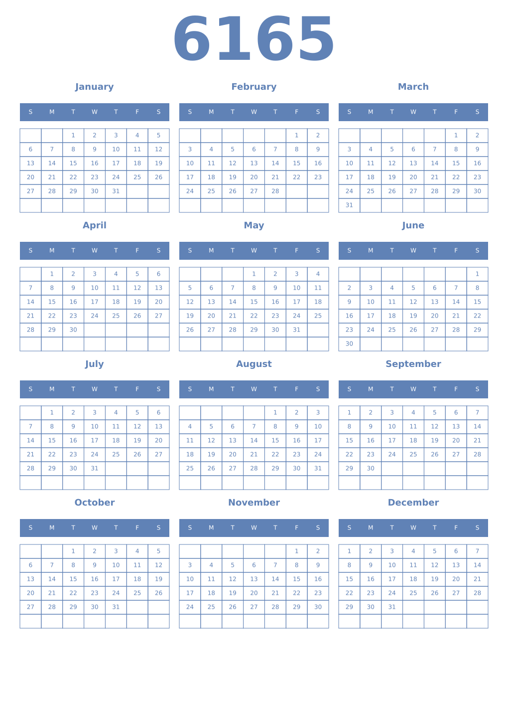 Printable 6165 Year Calendars glaucous