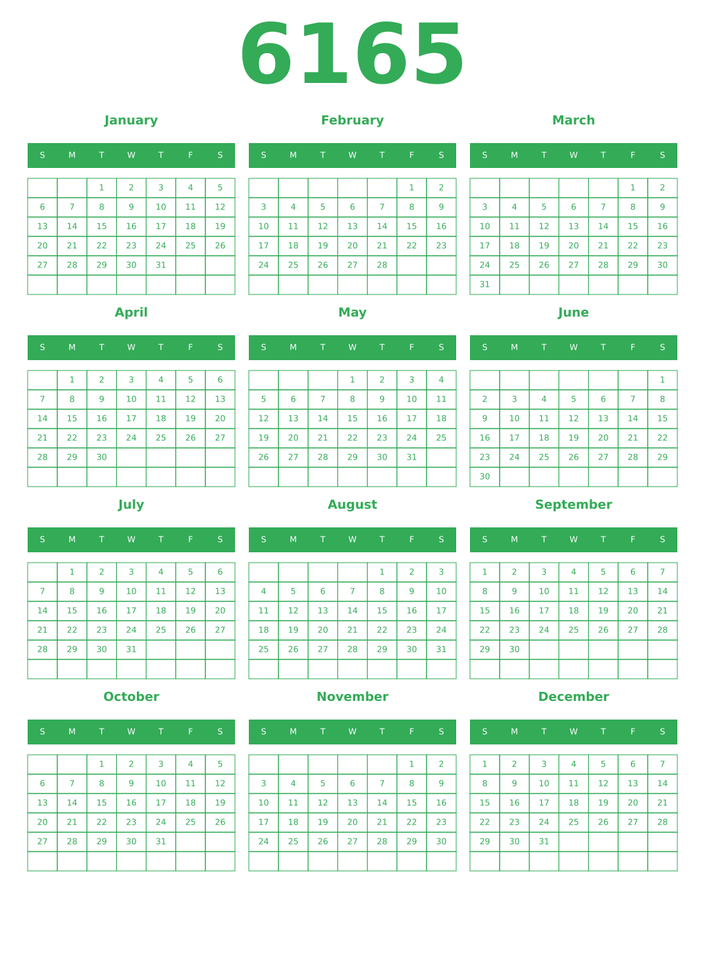 Printable 6165 Year Calendars green