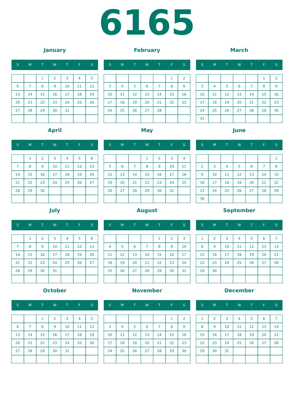 Printable 6165 Year Calendars pastel