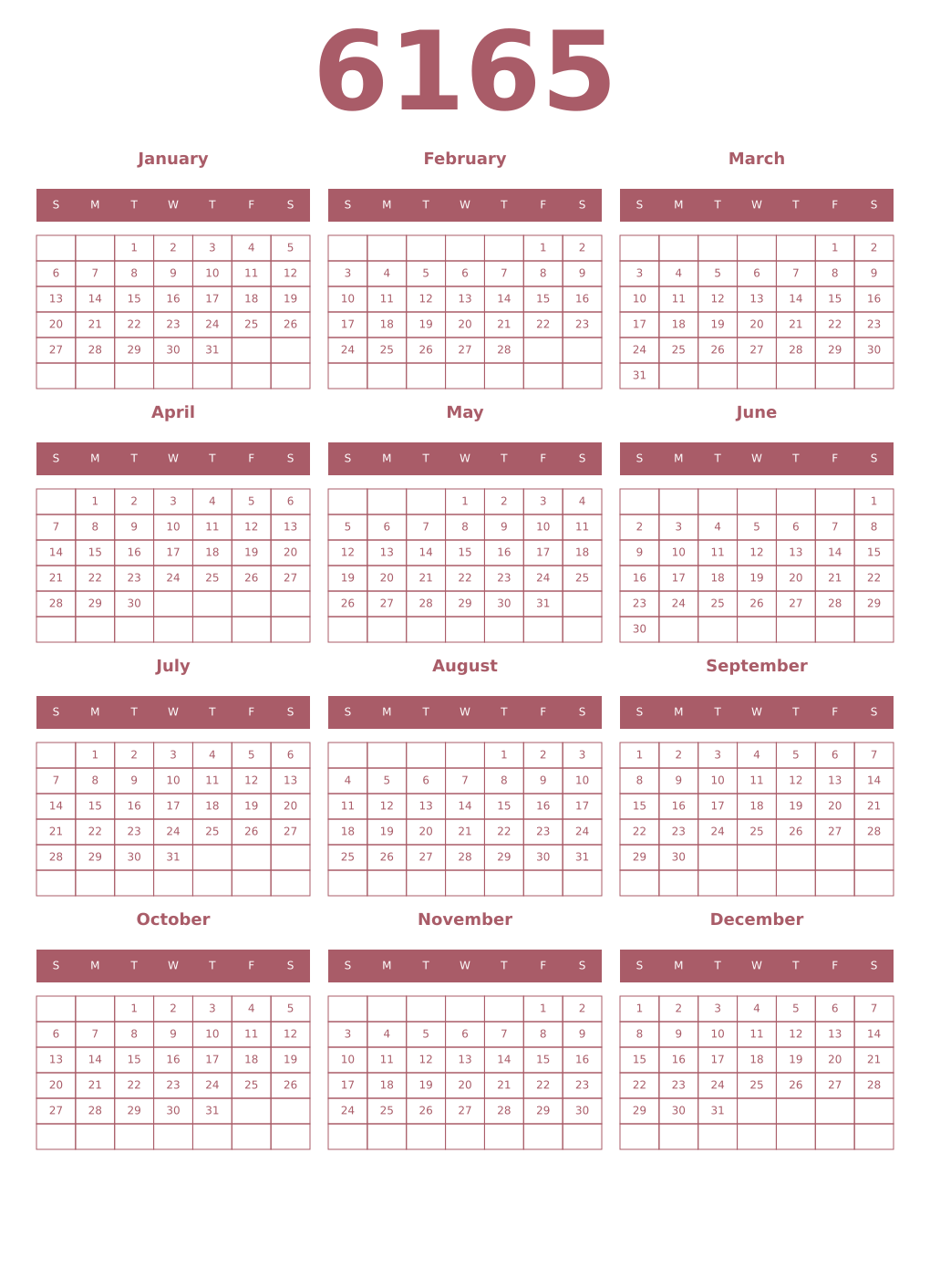 Printable 6165 Year Calendars puce