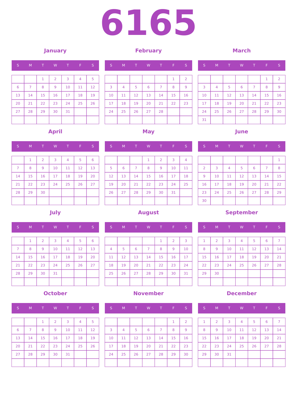Printable 6165 Year Calendars purple
