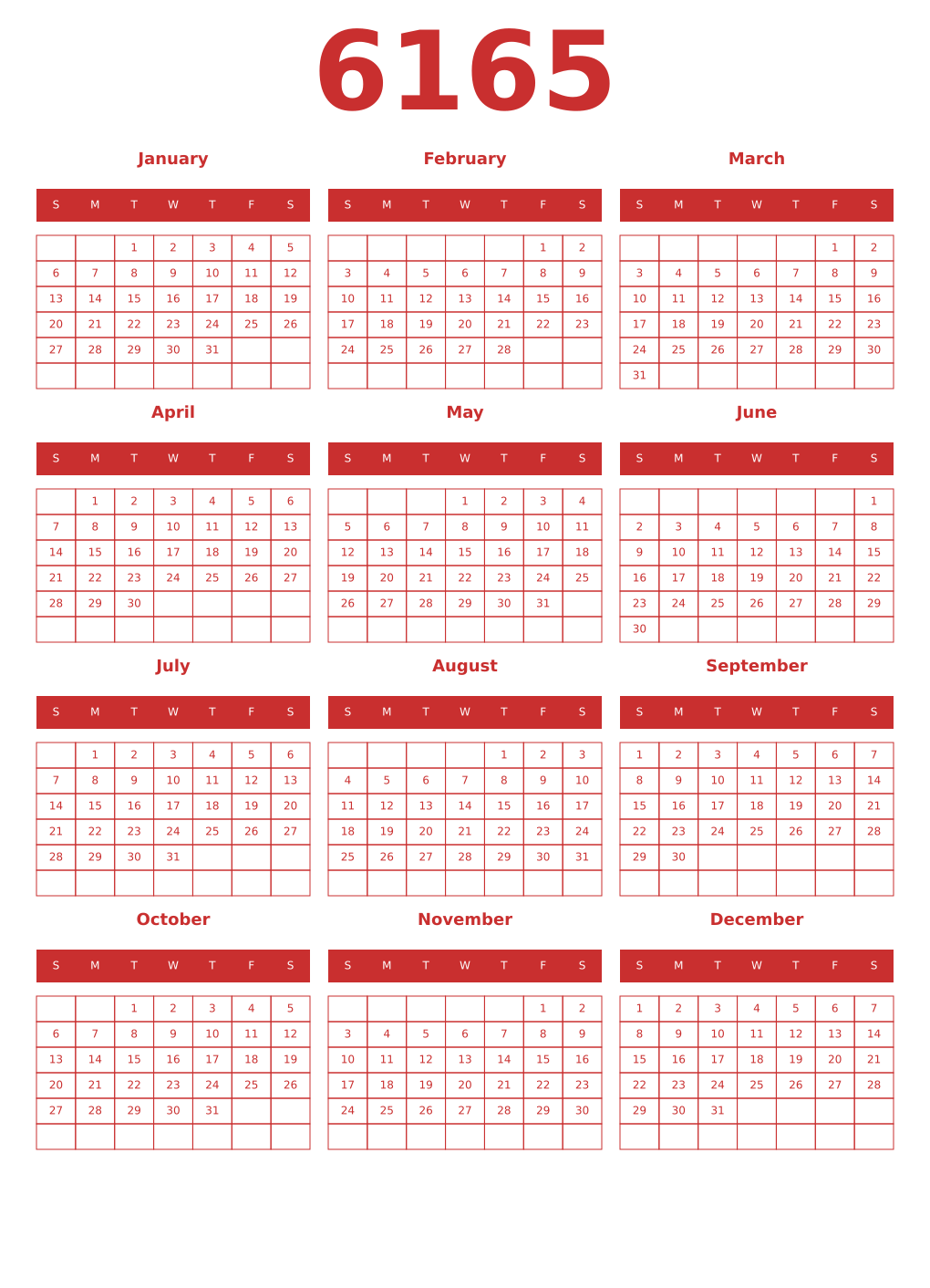Printable 6165 Year Calendars red