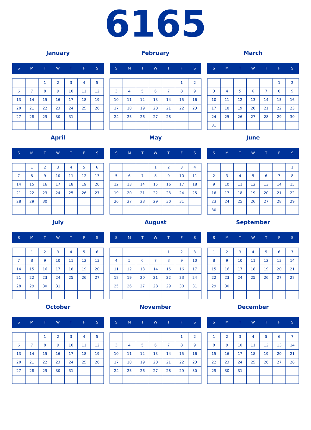 Printable 6165 Year Calendars smalt