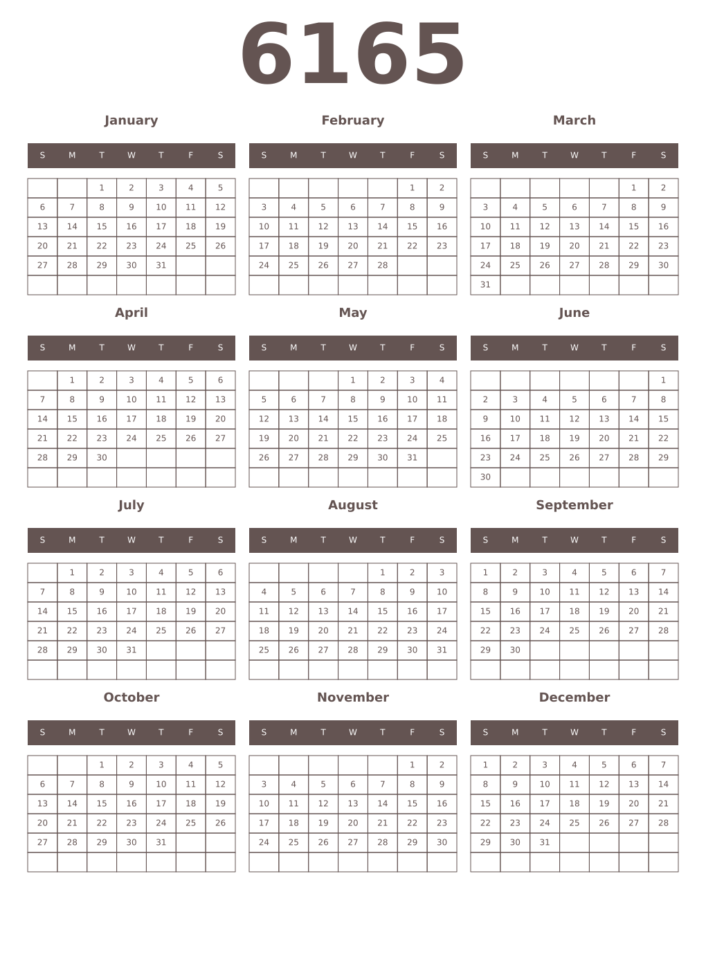 Printable 6165 Year Calendars wenge