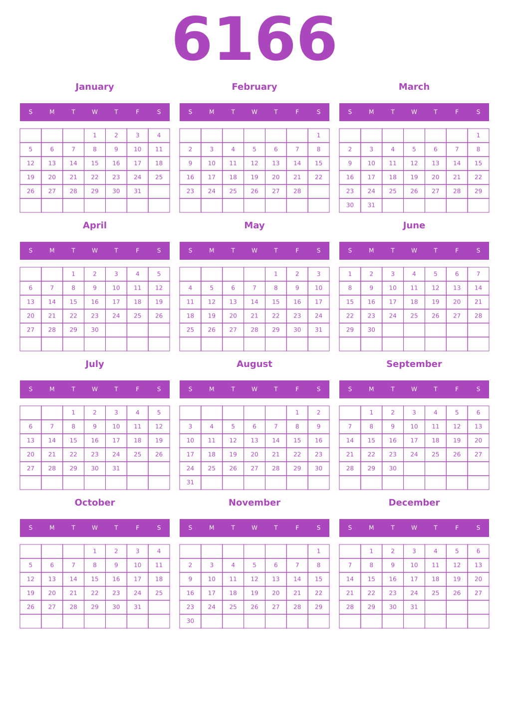 Printable 6166 Calendars