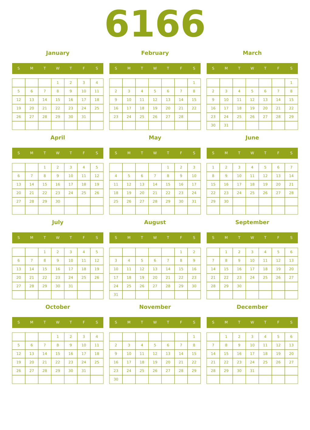 Printable 6166 Year Calendars chartreuse