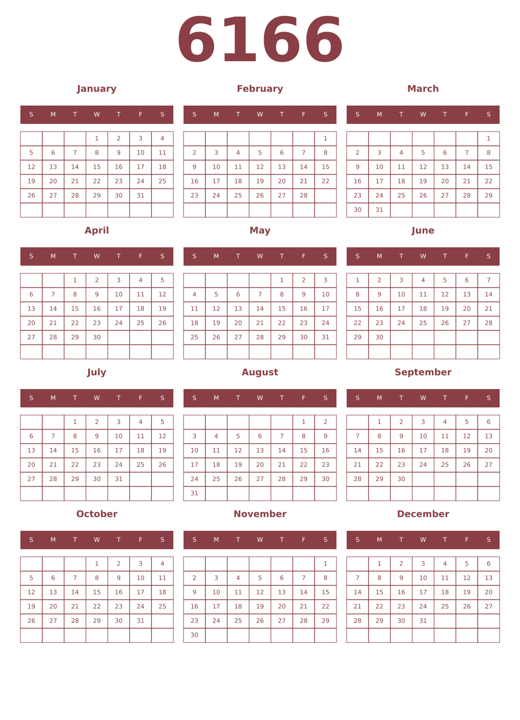 Printable 6166 Year Calendars cordovan