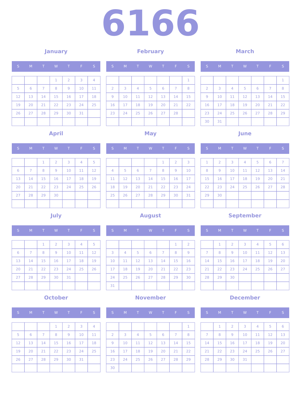 Printable 6166 Year Calendars periwinkle