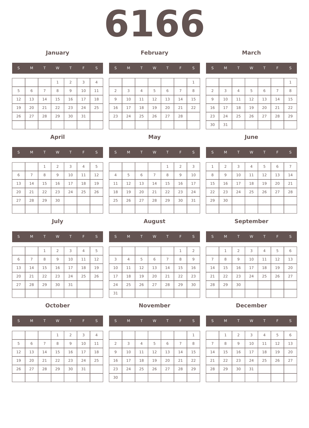 Printable 6166 Year Calendars wenge