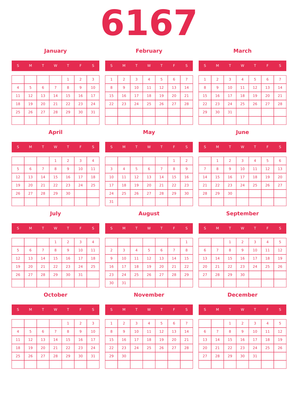 Printable 6167 Year Calendars amaranth