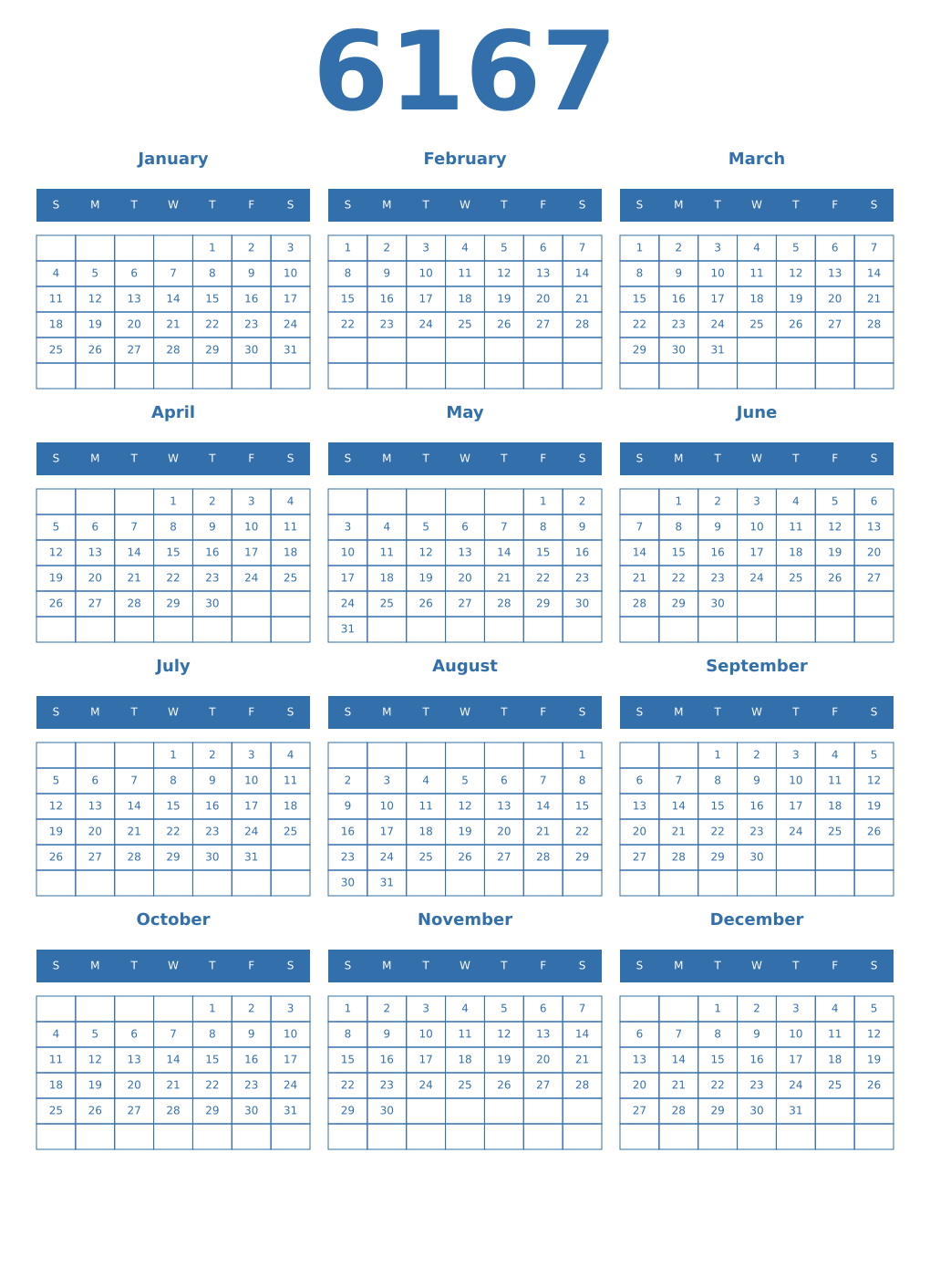 Printable 6167 Year Calendars blue