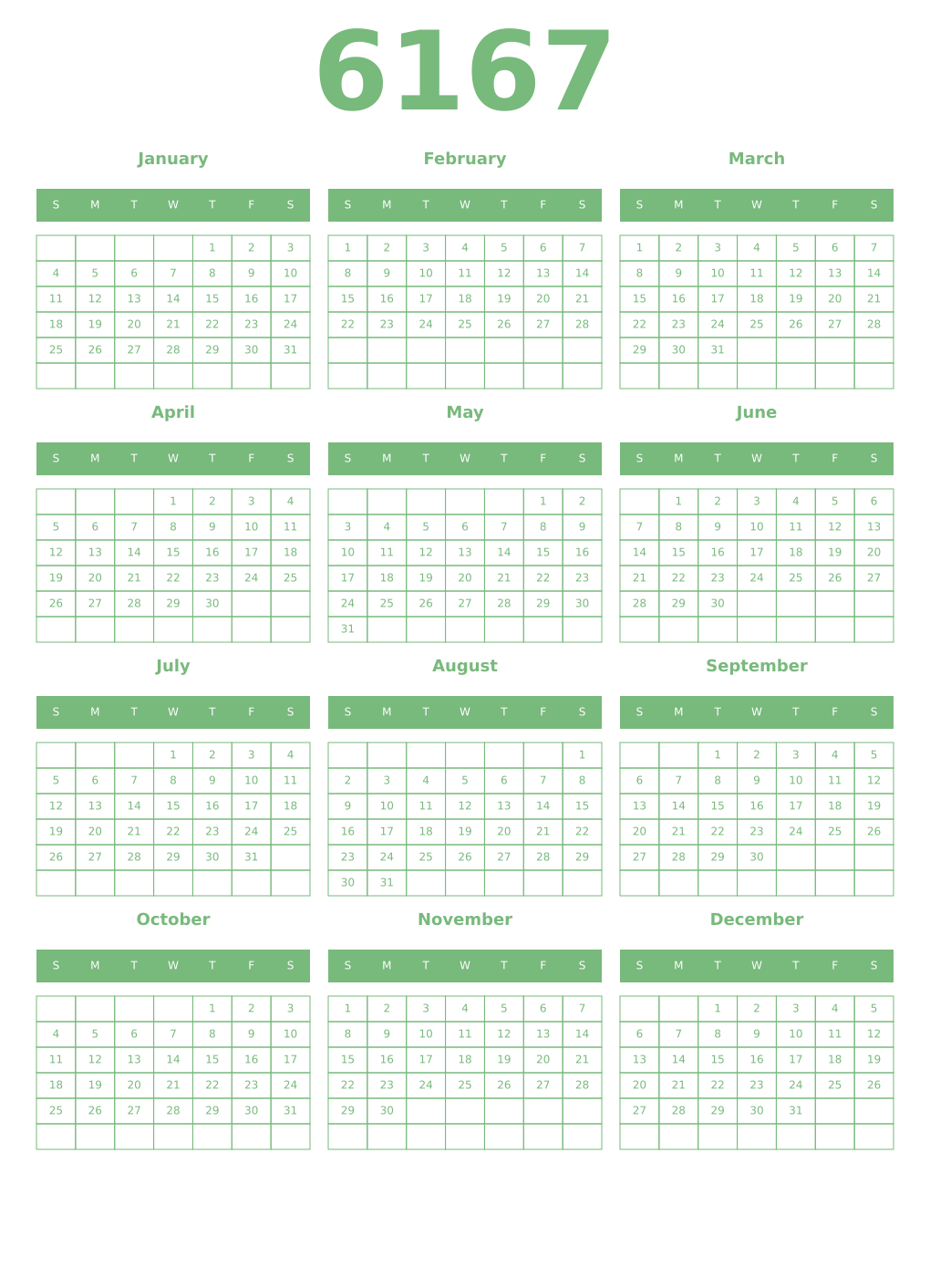 Printable 6167 Year Calendars celadon