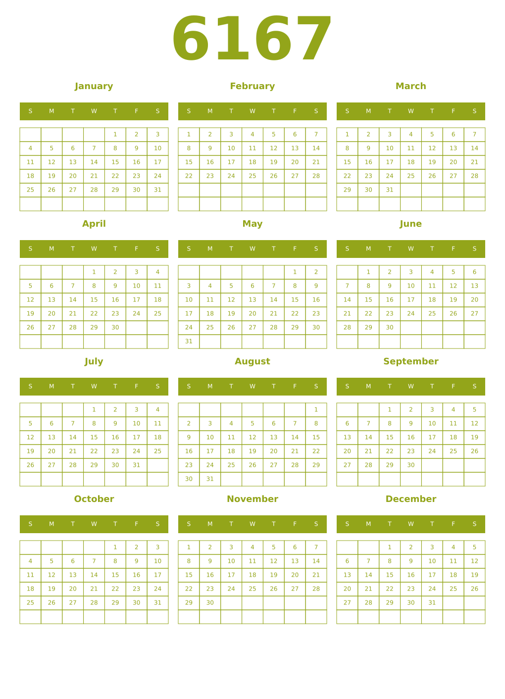 Printable 6167 Year Calendars chartreuse