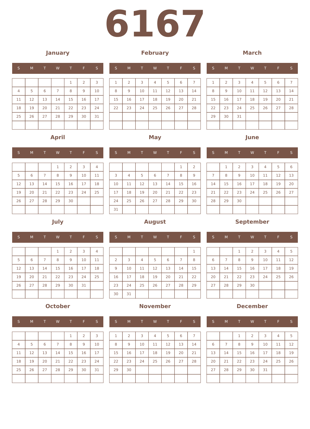 Printable 6167 Year Calendars coffe