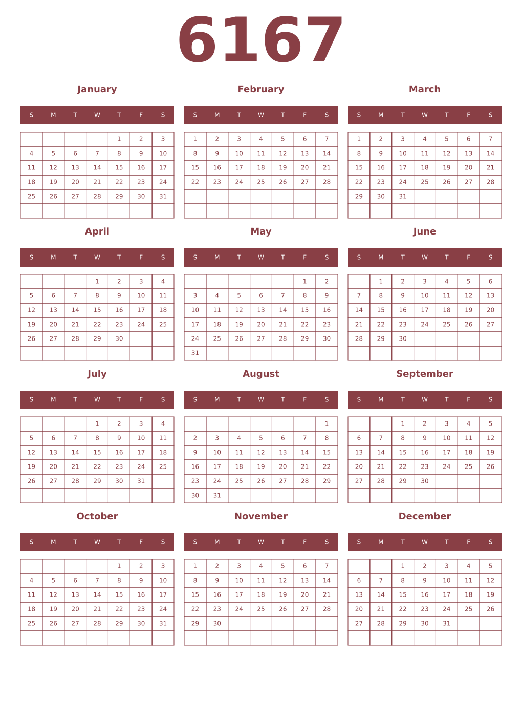 Printable 6167 Year Calendars cordovan