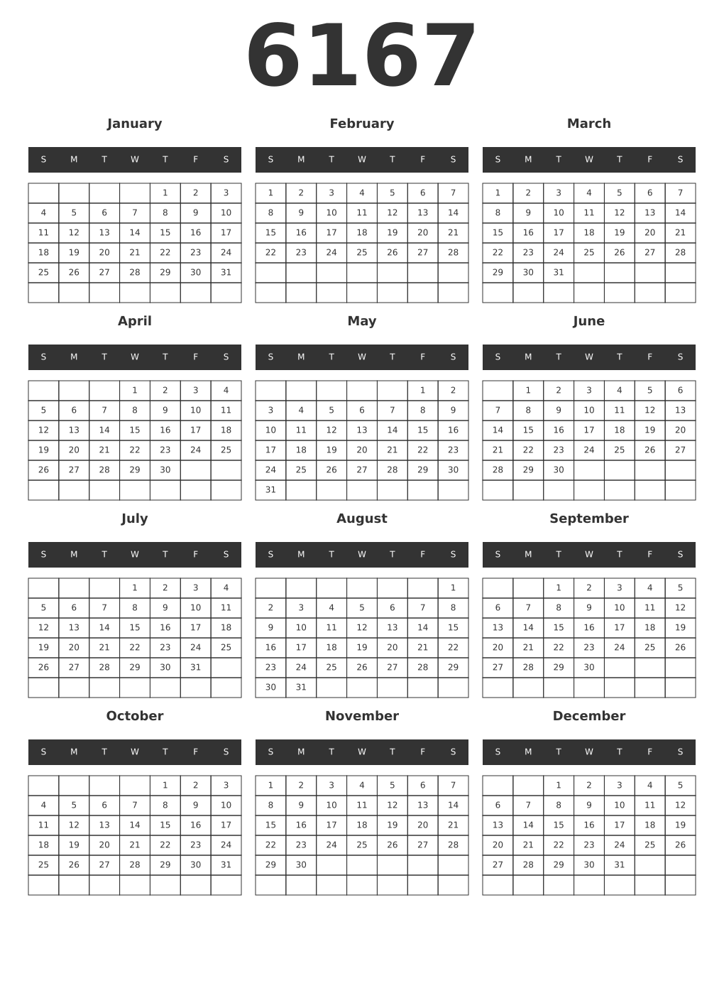 Printable 6167 Year Calendars dark