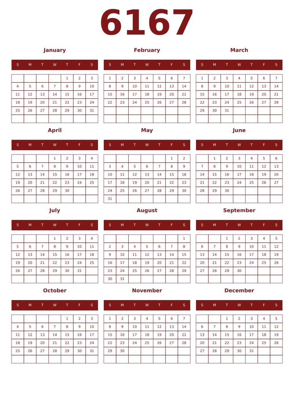 Printable 6167 Year Calendars falu