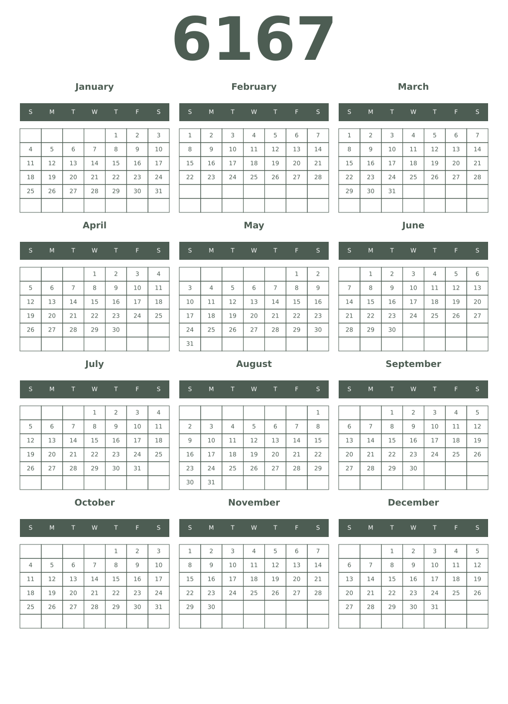 Printable 6167 Year Calendars feldgrau