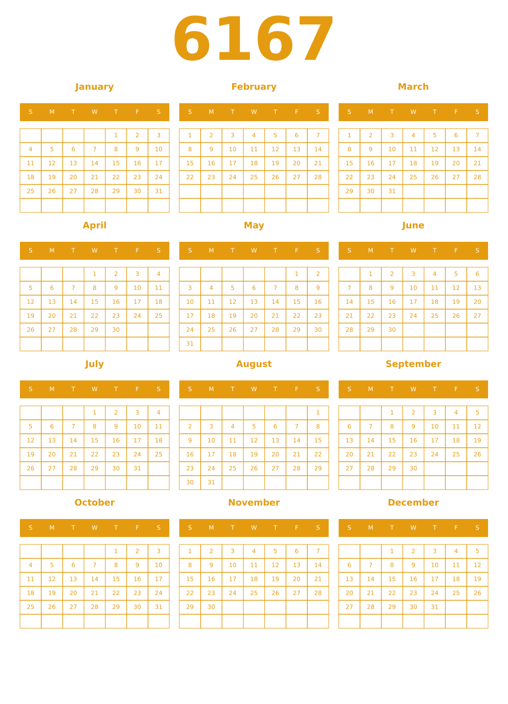 Printable 6167 Year Calendars gamboge
