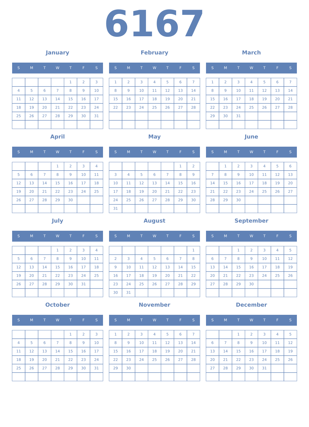 Printable 6167 Year Calendars glaucous