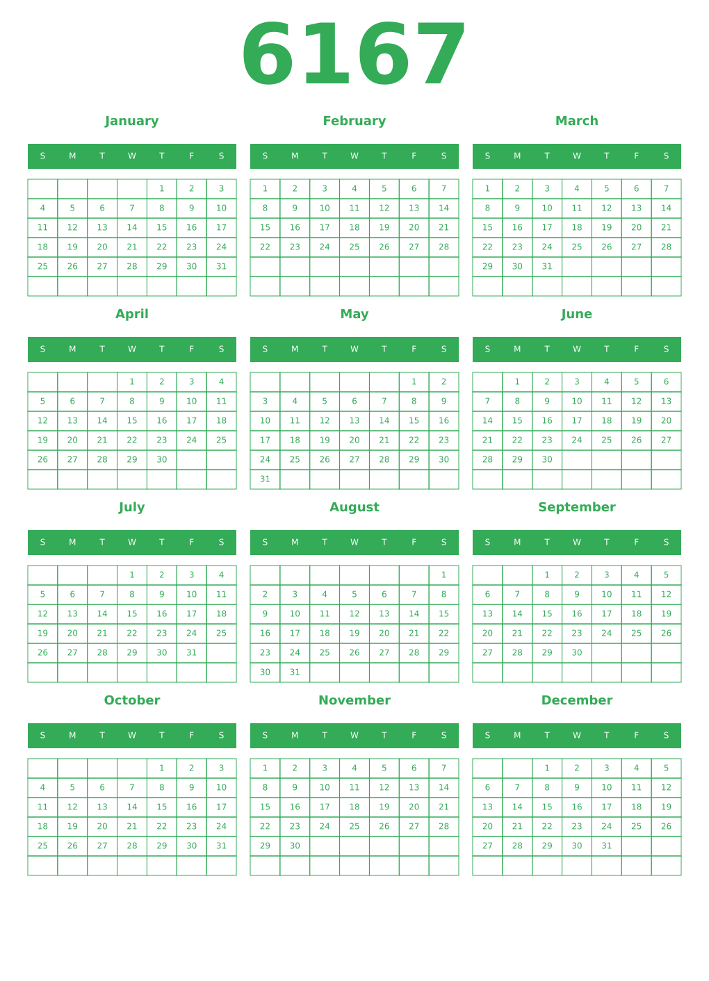Printable 6167 Year Calendars green